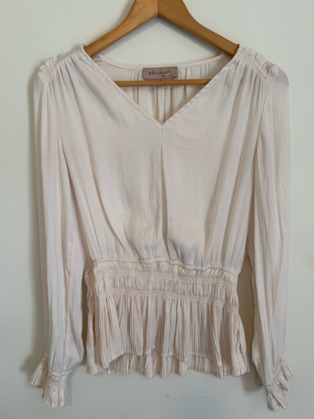 Philosophy Soft Ivory V-Neck Long Sleeve Peplum Top